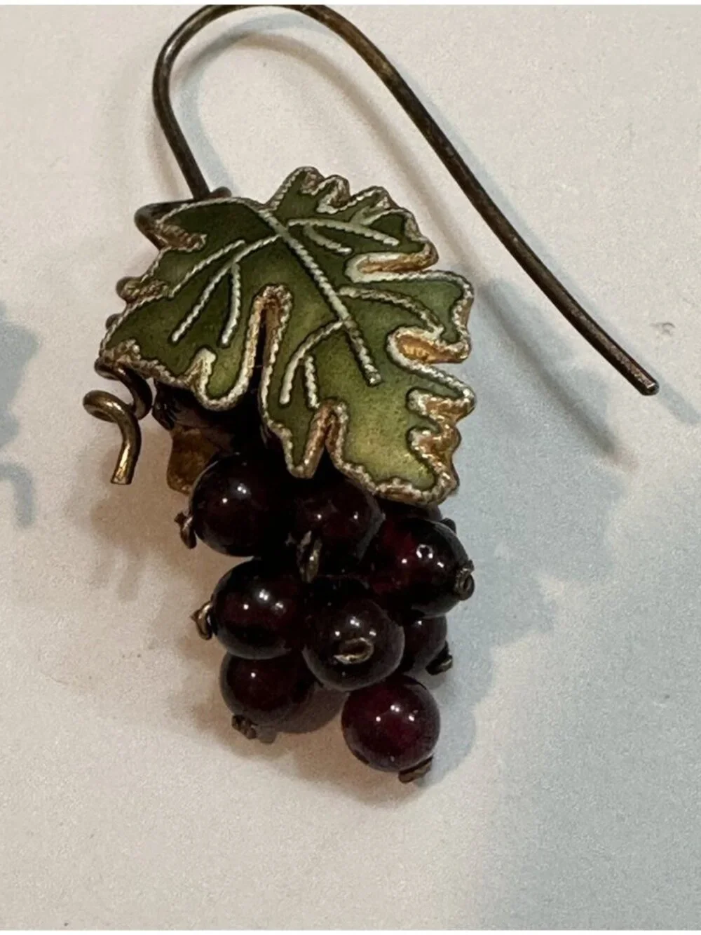 Bohemian Garnet Bead Grape Cluster Guilloche Enamel Brass Leaf Earrings
